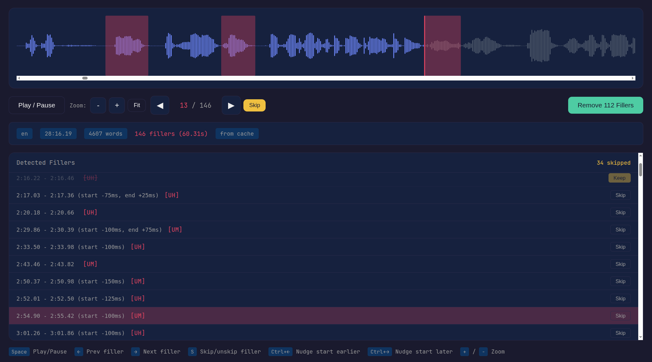 POD GOD — podcast editor interface showing waveform editing and filler word detection